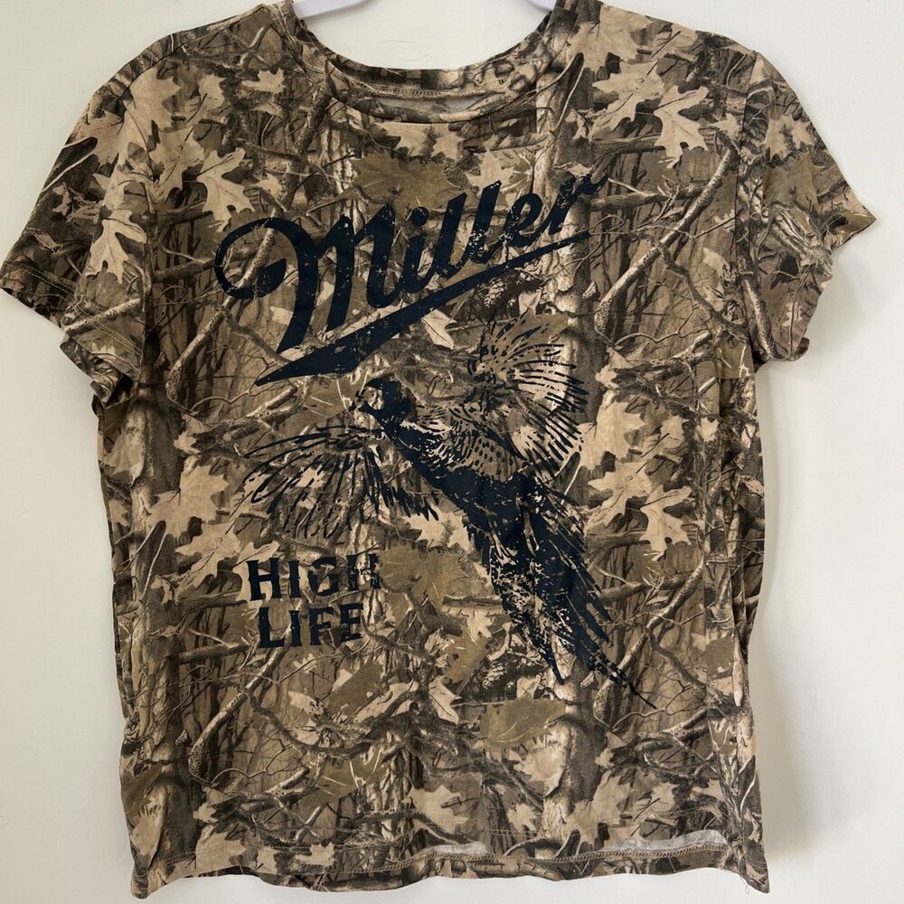Miller High Life Short Sleeve Shirt Pheasant Camo Blue Logo Women M 100% Cotton